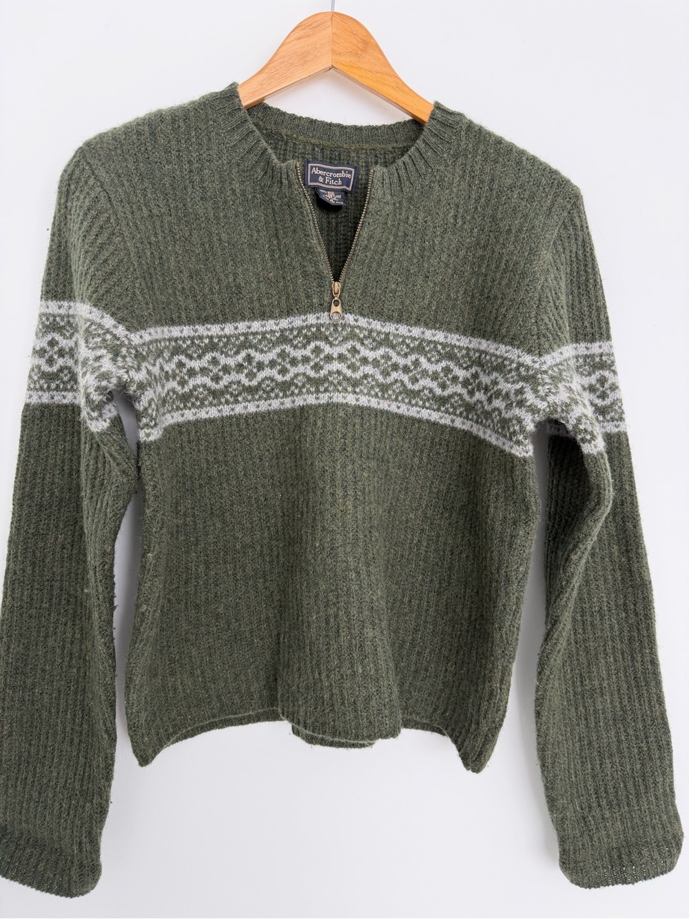 Vintage 90s Abercrombie & Fitch Olive Green Half-Zip Fair Isle Sweater 100% Wool